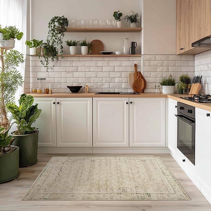 Boho Kitchen Rug Washable,2x3 Non Slip Farmhouse Neutral Small Area Rug for Bathroom Bedroom Indoor Entrway Ultra Thin Fit Under Door,Tan Brown and Cream Beige