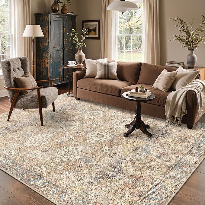 Bavni 8x10 Area Rug Washable Rug for Living Room Bedroom, Vintage Print Carpet, Low Pile Lightweight Mat with Non Slip Backing, Pale Warm Yellow