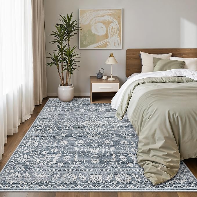 6x9 Area Rugs for Living Room, Stain Resistant Neutral Washable Rugs for Bedroom, Floral Vintage Non-Slip Soft Throw Carpet for Dining Room Farmhouse (Blue, 6'x9')