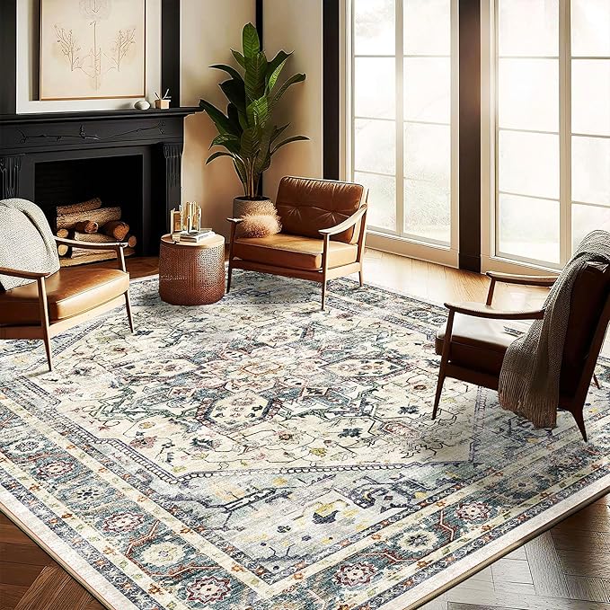 Washable Area Rug 8'x10' Cyan Khaki Retro Boho Design Non-Shedding Non-Slip Easy Care Ideal for High Traffic Areas in Living Room Bedroom Office Coffee Table Kitchen Large Carpet