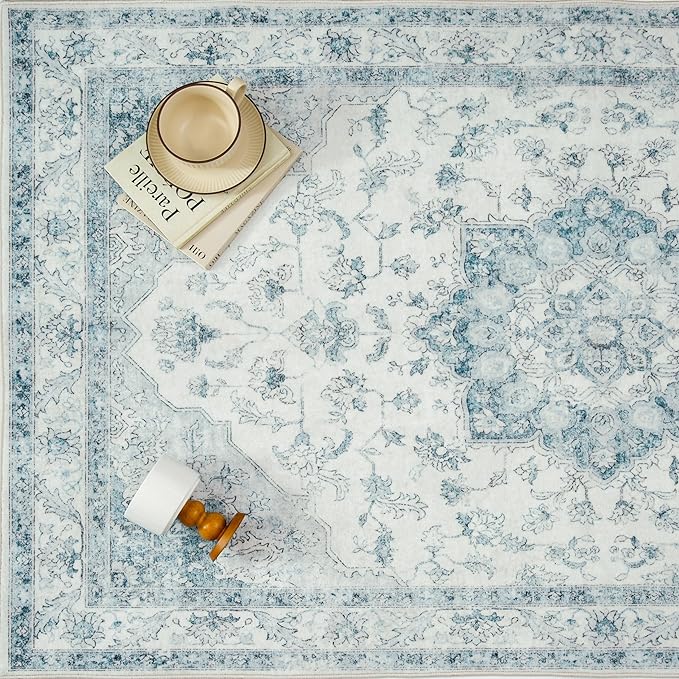 Blue Runner Rug 2x6 Washable Vintage Carpet for Hallway Kitchen Soft Retro Low Pile Thin Indoor Runner Non Slip Oriental Medallion Long Throw Rug for Bathroom Bedroom Laundry Dining Room