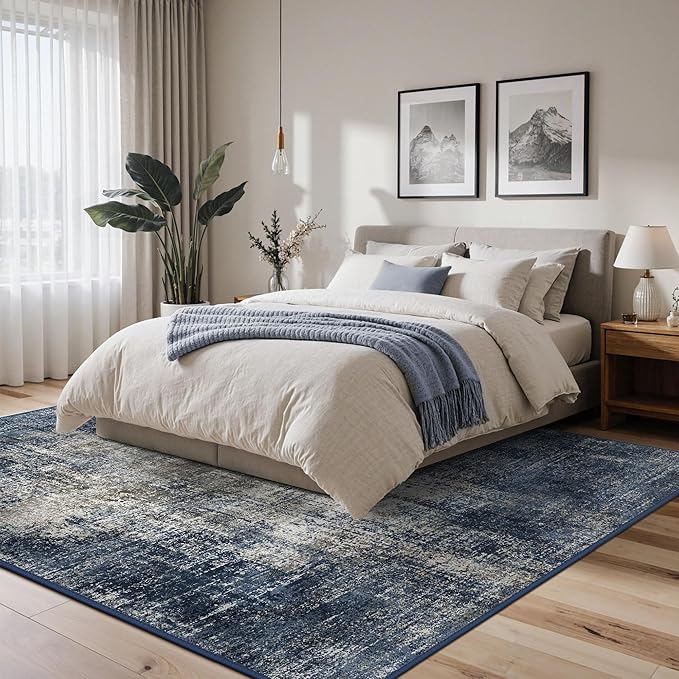 Area Rugs 9x12 for Living Room Bedroom, Modern Abstract Machine Washable Rug, Large Soft Low Pile Floor Carpet with Non Slip Backing for Dining Room, Blue&Gray