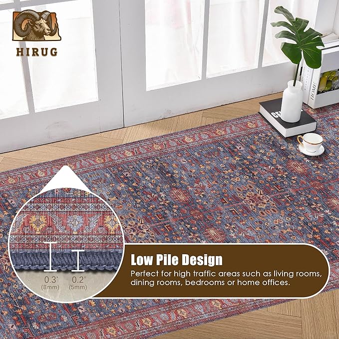 Washable Area Rug 2'6'' x 8' Vintage Traditional Persian Mat - Foldable Distressed Non-Slip Machine Washable Carpet for Living Room Bedroom Kitchen Home Decor - Indigo and Crimson