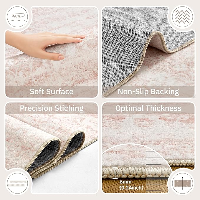 Pink 5x7 Area Rugs for Baby Girl Nursery, Washable Rugs Vintage Floral Non-Slip Low Pile Soft Throw Carpet for Living Room Dining Room Bedroom Kids Playroom (Pink, 5'x7')