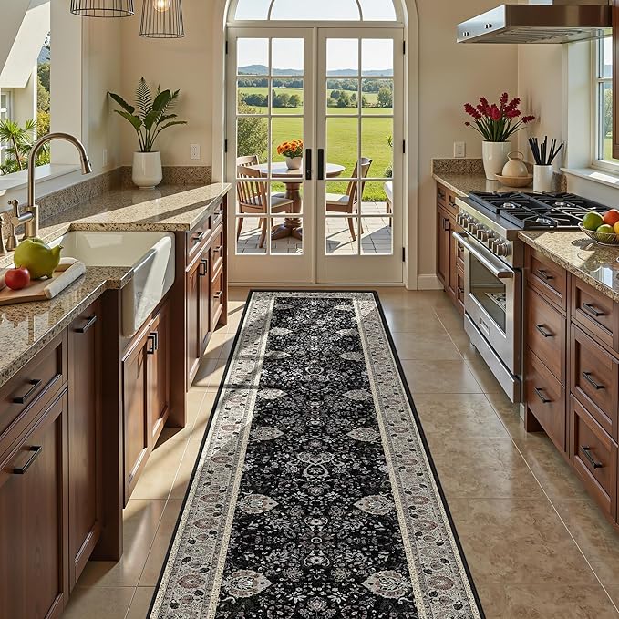 Vintage 2x10 Runner Rugs for Hallway Non-Slip Hallway Runner Rug with Rubber Backing Washable Rug Runner for Kitchen Bedroom Vintage Distressed Carpet(Blcak Navy Multi