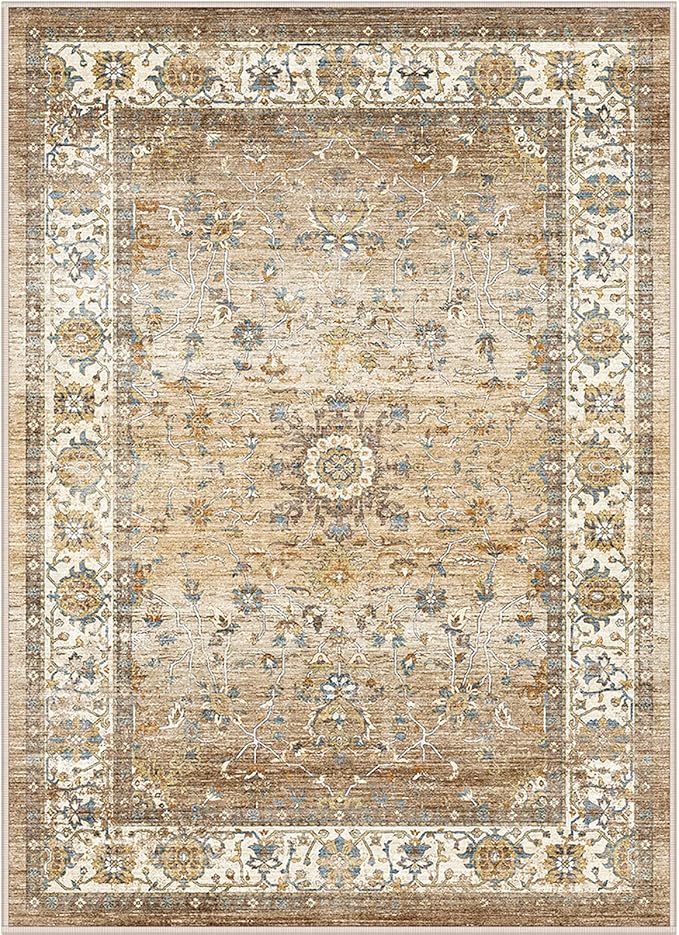 6x9 Area Rugs for Living Room - Stain Resistant Machine Washable Rugs for Bedroom,Non-Slip Backing Large Area Rug (Apricot/Blue, 6'x9')