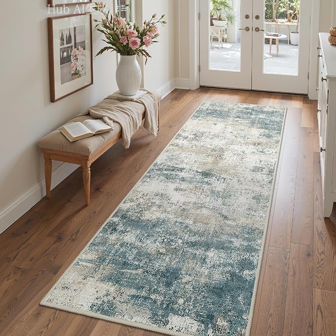 Runner Rug for Hallway Kitchen, 2'6"x8' Machine Washable Runners Rug for Entryway, Soft Modern Abstract Throw Rugs, Low Pile Floor Cover with Non Slip Backing, Navy Beige