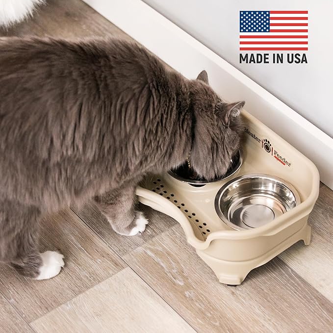 Neater Feeder Express Mess Proof Cat Bowls Elevated, No Spill Feeding Station, Stainless Steel Dishes for Food and Water, Raised Bowls for Indoor Cats, No Fatigue Whisker Friendly Dish, Almond