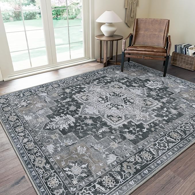 GENIMO 8x10 Area Rugs for Living Room, Machine Washable Non Slip Vintage Rugs, Low Pile Lightweight Chenille Print Rug for Bedroom, Dining Room, Home Office,Dark Gray