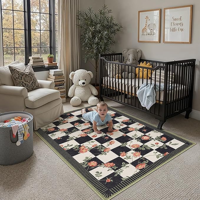 HUGEAR 3x5 Checkered Area Rugs Machine Washable Black and White Living Room Rug Floral Print Non-Slip Stain Resistant Low Pile Indoor Throw Carpet for Bedroom Home Unique Aesthetic Modern Decor