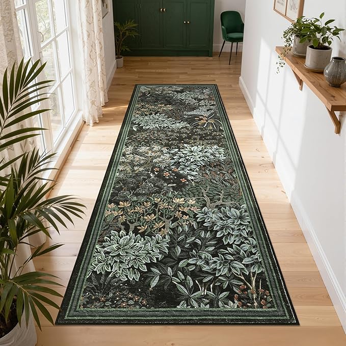 GarveeHome Forest Runner Rug, Black Green Washable Runner Rug 2x6 for Kitchen, Botanical Low Pile Non Slip Stain Resistance Woodland Hallway Rug for Entryway Bedroom Laundry Room