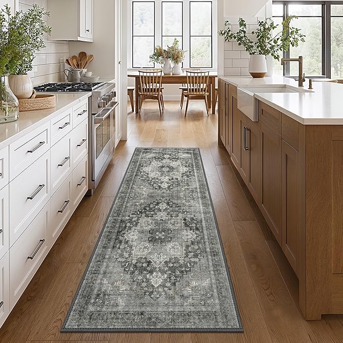 GENIMO 2x10 Runner Rugs for Hallway, Machine Washable Non Slip Vintage Rugs, Low Pile Lightweight Soft Print Rug for enrtyway, Corridor, Home Office, Kitchen, Charcoal Gray
