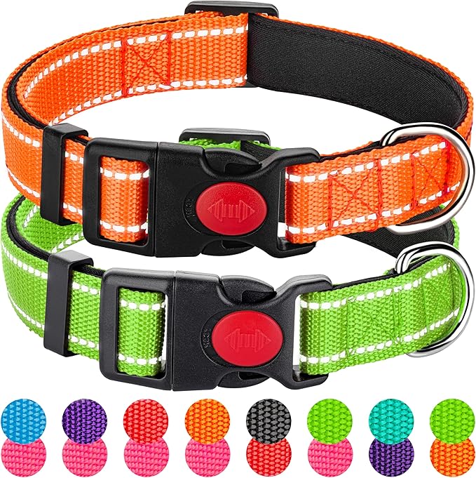 2 Pack Reflective Dog Collars for Medium Large and Small Breed Dogs Male Female,Padded Soft Durable Nylon Neoprene Collar for Puppy Dogs Girl Boy with Quick Release Safety Buckle,Orange,Green,S