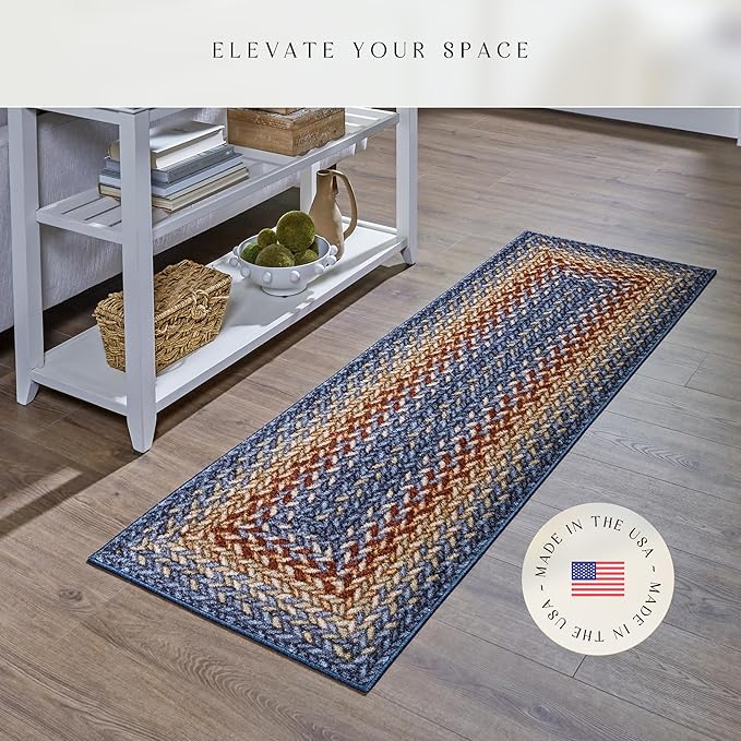 Maples Rugs Marion Bohemian Braided-Style Print Runner Rug ??Made in USA ??Washable, Non-Slip Indoor Runner for Hallway, Kitchen, and Laundry Room, 2' x 6', Multi-Color