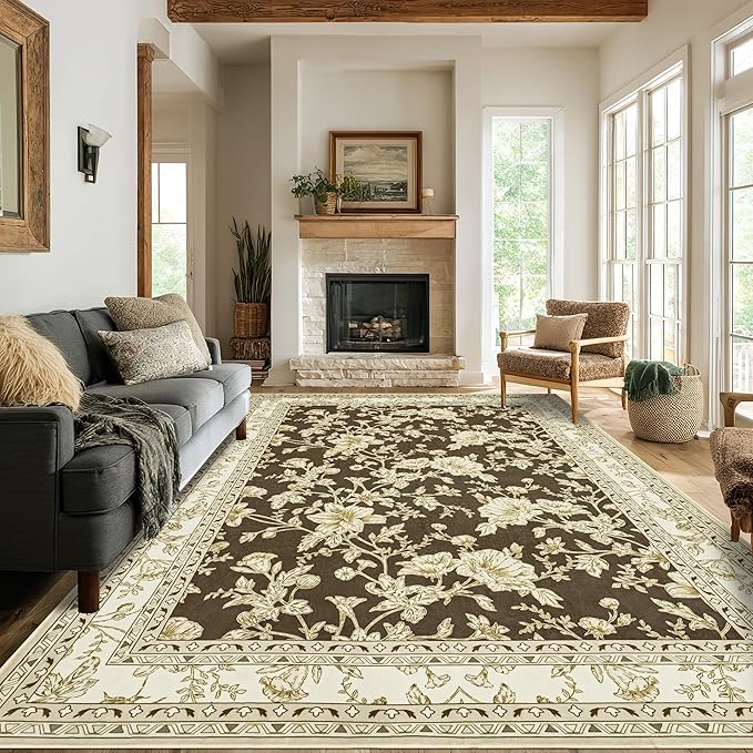 Brown Floral Print Area Rugs for Bedroom Living Room Boho Farmhouse Country Rustic Dining Room Carpet Soft Washable Rugs Non Slip Floor Covering for Nursery Playroom 6x9