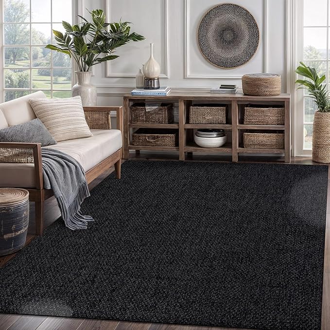 CAMILSON Easy Jute Rug 6x9, Indoor Outdoor Dark Gray Black Farmhouse Area Rugs for Living Room Patio and Kitchen Rug, Solid Boho Woven Design, Easy-Cleaning, Washable Outside Carpet Alfombras (6 x 9)