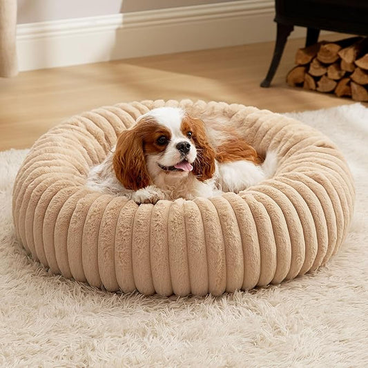 Bedsure ComfyFleece Donut Medium Dog Bed - Washable Faux Fur with Corduroy Fleece & Anti Slip Bottom, Round Pet Bed with Removable Cover,Sandy Beige,30x30x8 inches