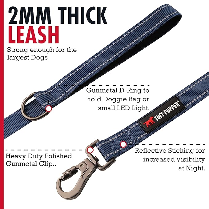 Tuff Pupper Heavy Duty Double Handle Leash | Twist Locking Carabiner Clip | Safety Lock for Strong Dogs | Reflective for Safe Night Walks | 6 Foot Leash | For Medium & Large Dogs