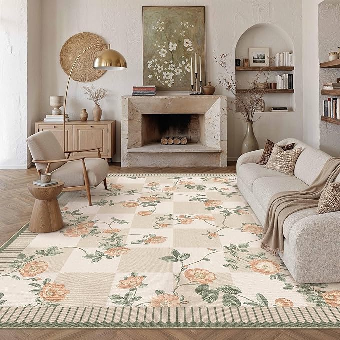 HUGEAR 9x12 Checkered Area Rugs Machine Washable Beige Large Living Room Rug Floral Print Non-Slip Stain Resistant Low Pile Indoor Throw Carpet for Bedroom Home Unique Aesthetic Modern Decor