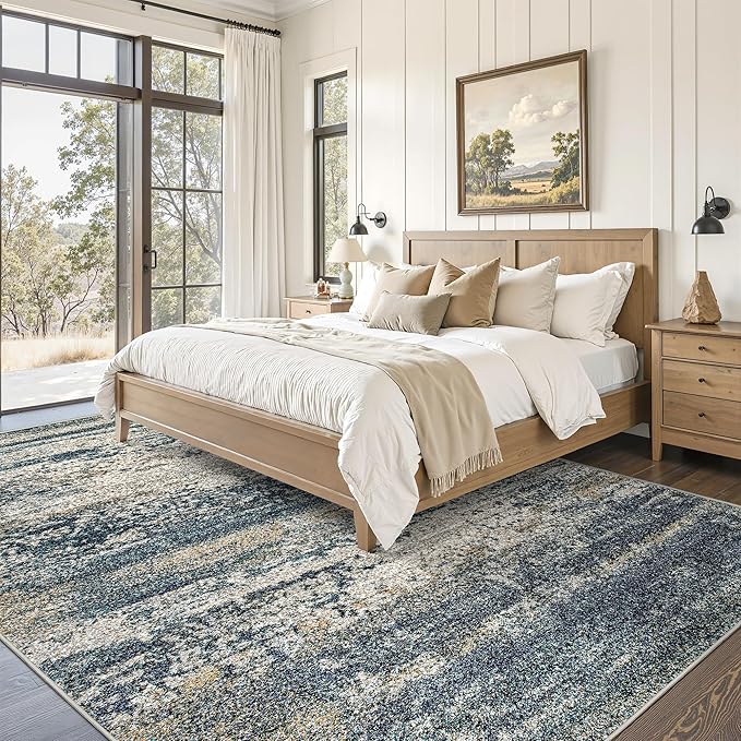 Art&Tuft Washable 9x12 Area Rug, Anti-Slip Backing Abstract Area Rugs 9x12 Living Room, Stain Resistant Rugs for Living Room, Foldable Machine Washable Area Rug (TPR19-Navy, 9'x12')