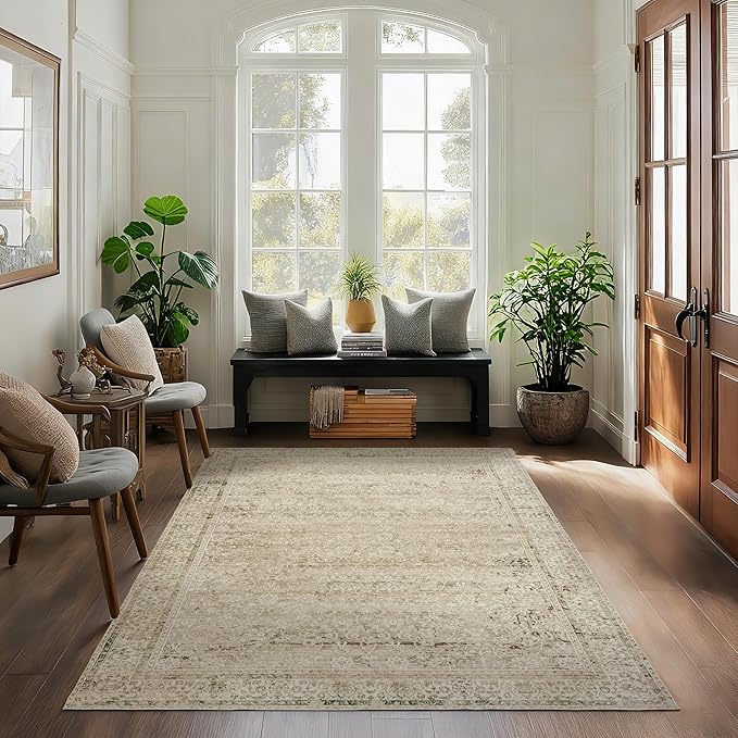 3x5 Small Entryway Area Rug Indoor for Front Door Entry Way,Washable Non Slip Ultra Thin Modern Farmhouse Neutral Boho Door Mat Entrance,Tan Brown and Cream Beige