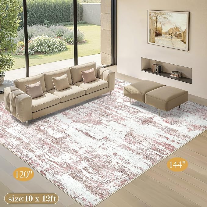 Area Rugs for Living Room: 10x12 Abstract Washable Rug Large Soft Stain Resistant Non-Slip Backing for Bedroom Dining Room Indoor Home Office Carpet for Kids Pet Friendly Families - Pink