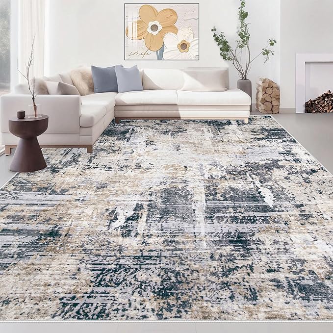 Area Rugs 8x10 Living Room: Washable Rug Modern Abstract Large Rugs Soft Non Slip Neutral Rug Stain Resistant Indoor Carpet for Bedroom Kitchen Dining Room Home Office Rugs(Black Brown,8'x10')