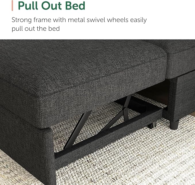 HONBAY Sectional Sleeper Sofa with Pull-Out Bed Storage Chaise,Modular Couch for Living Room, Dark Grey