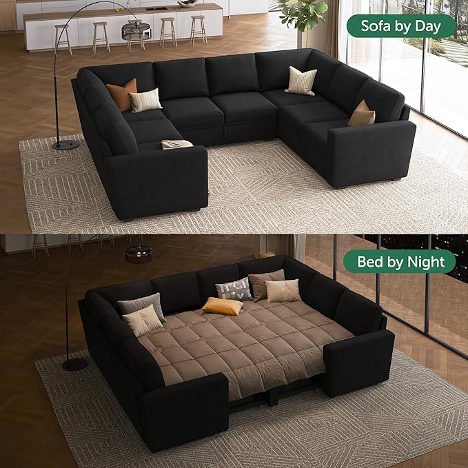 HONBAY Sleeper Sectional Couch with Pull Out Bed, Velvet Modular Sofa with Storage, U Shaped Sectional Couches for Living Room, Black
