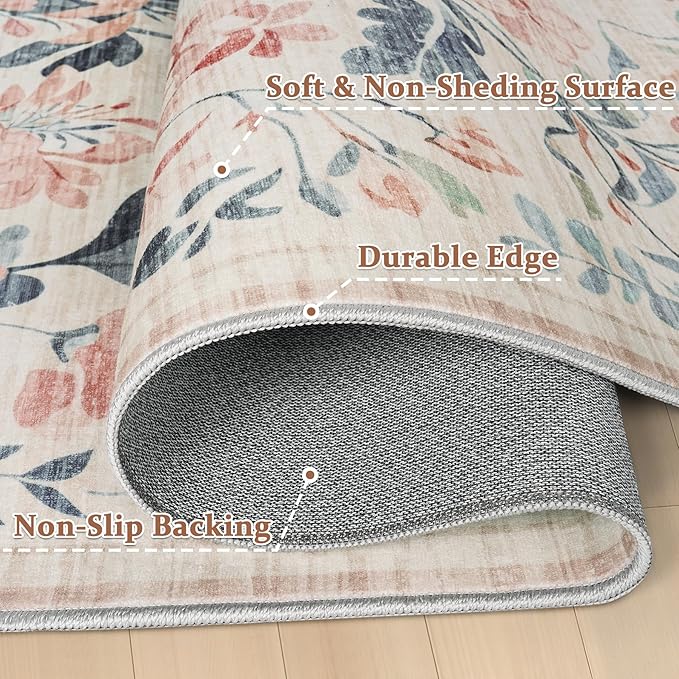 Area Rugs 9x12 Living Room: Lagre Boho Living Room Rug Soft Non-Slip Thin Carpet Indoor Floor Non-Shedding Neutral Floral Carpets for Bedroom Dining Room Farmhouse Nursery Multi