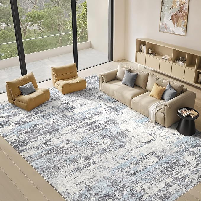 Area Rugs for Living Room: 10x14 Abstract Washable Rug Modern Neutral Large Soft Stain Resistant Non-Slip Backing Machine Table for Bedroom Dining Room Indoor Home Office Carpet - Blue Grey