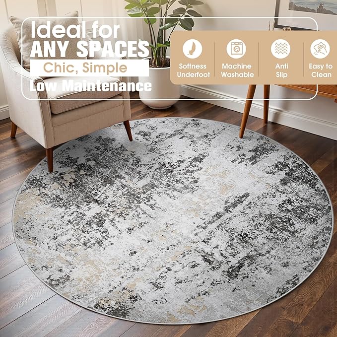 Round Rug 5ft Circle Rug Washable: Carpet Small Circular Area Rug for Entryway Kitchen Bedroom Dining Room Living Room 5 Feet Abstract College Dorm Non Slip Low Pile Black Grey Gold