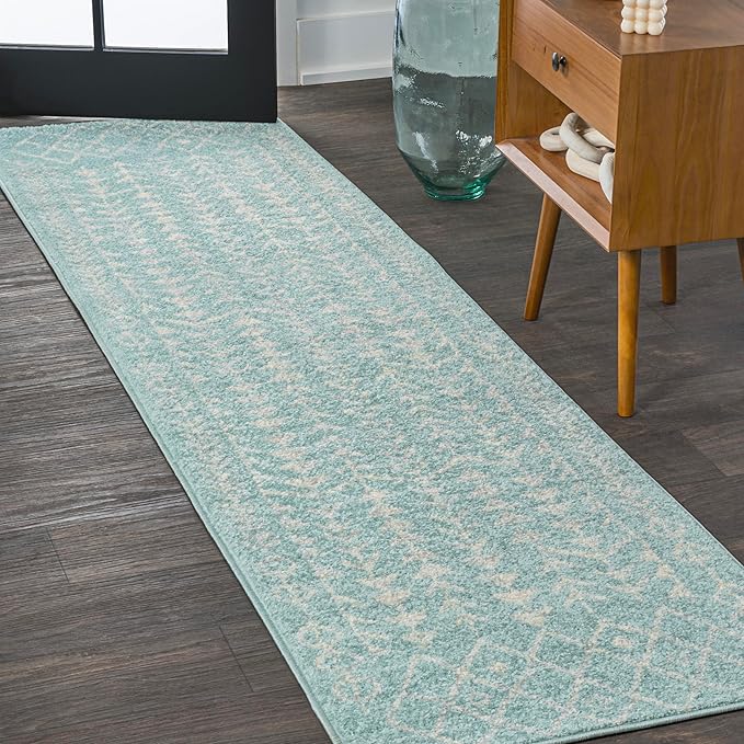 JONATHAN Y Ziri Moroccan Geometric Turquoise/Cream Runner Rug, 2x8, Bohemian, Scandinavian, Easy-Cleaning for Living Room, Bedroom, Kitchen, Pet Friendly, Non-Shedding (MOH210E-28)