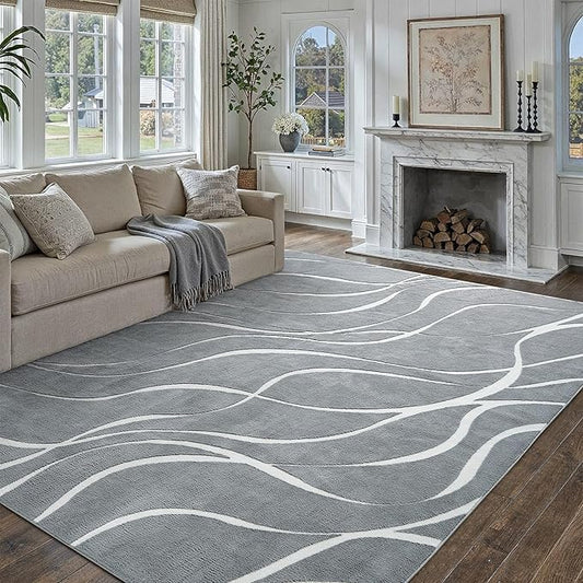 HUGEAR Shag Area Rug 6x9 Grey & Ivory Washable Living Room Bedroom Rug Non Slip Non-Shedding Soft Plush Medium Pile Large Throw Carpet for Home Office Aesthetic Modern Decor