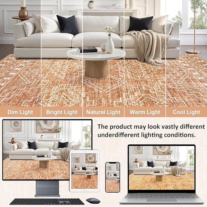 10x14 Area Rugs Living Room Rug: Washable Rug Neutral Lagre Soft Thin Carpet Indoor Floor Non Slip Boho Geometric Moroccan Carpets for Bedroom Dining Room Farmhouse Nursery Office - Dark Brown
