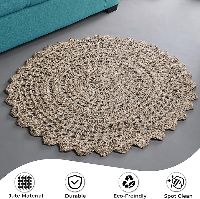 Hausattire Hand Woven Jute Crochet Rug, 3??Round ??Natural, Anti-Slip Accent Boho Entry Area Rugs for Kitchen, Living Room I Farmhouse Decorative Floor Rug, 3 Feet Round