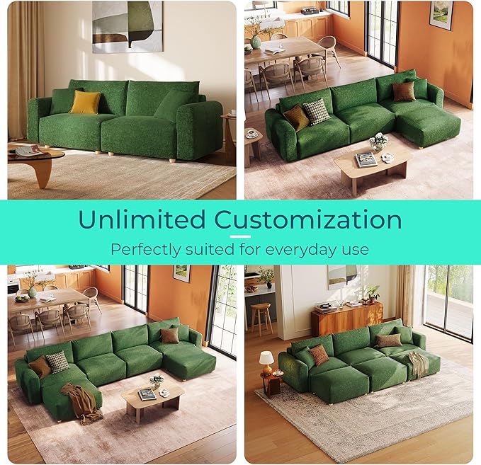 LINSY HOME Cloud Couch Sectional, Modular Sofa Sectionals for Living Room Bedroom, 91" L Shape Love Seat Couch with Ottoman, 2 Seater Deep Seat Cozy Couch Luxury Chenille Sofas, Green