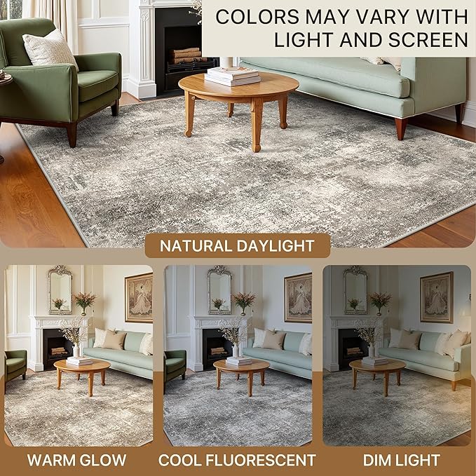 Area Rugs 10x14 for Living Room Bedroom, Modern Abstract Machine Washable Rug, Large Soft Low Pile Floor Carpet with Non Slip Backing for Dining Room, Grey