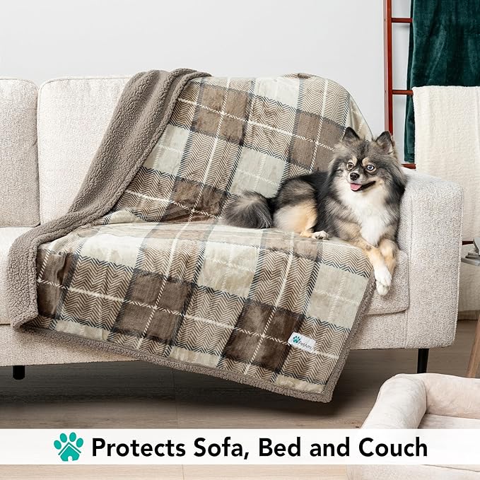 PetAmi Dog Blanket for Bed, XL Pet Blanket Large Dogs, Fleece Furniture Couch Cover Protector Sofa Car Crate Kennel, Soft Sherpa Cat Throw Plush Reversible Washable, Twin 60x80 Plaid Taupe