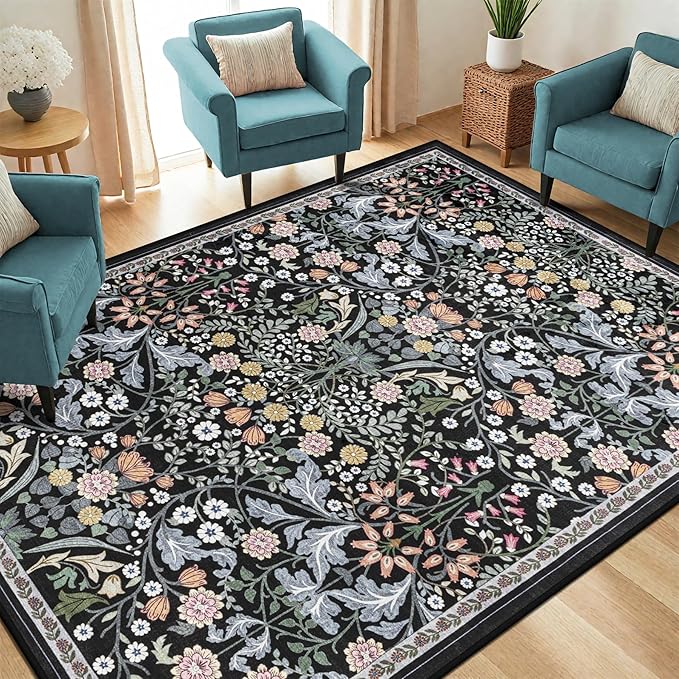 Area Rug Living Room Rugs: Floral 4x6 Washable Rug Vintage Soft Boho Non-Slip Carpet Indoor Floor Stain Resistant Large Carpets for Bedroom Dining Room Farmhouse Nursery Hallway Home Office Dark Black