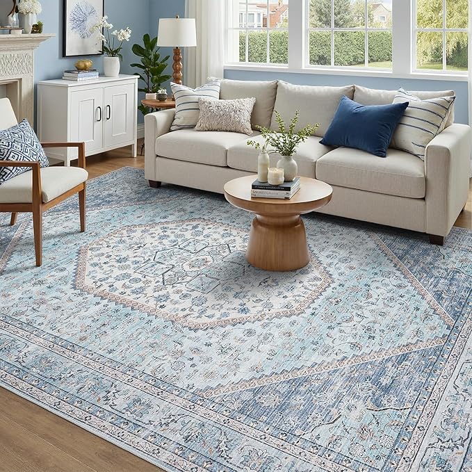 DCX Machine Washable Blue and Beige Area Rug 4x6, Non Slip Stain Resistant Vintage Floral Rug for Living Room Bedroom Nursery, Soft Low Pile Large Carpet