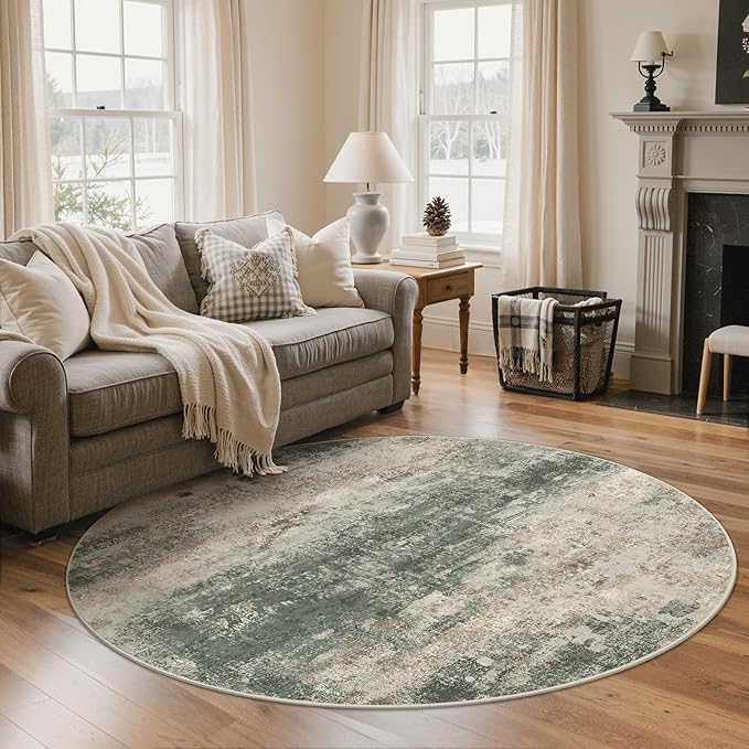 Round Rugs 6FT for Living Room Bedroom, Modern Abstract Machine Washable Circle Rug, Soft Low Pile Floor Cover with Non Slip Backing for Dining Room, Grey/Dark Green