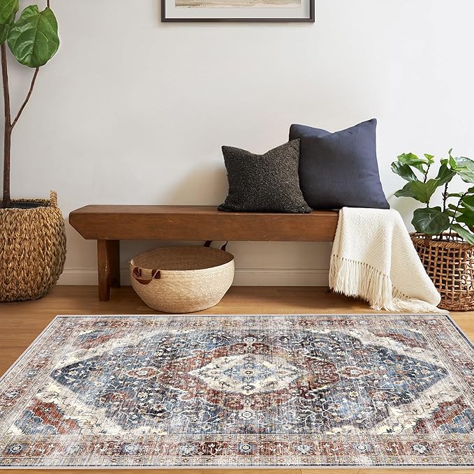 Deerly 3x5 Area Rug with Non-Slip Backing, Washable Rugs for Bedroom Living Room Kitchen, Distressed Carpet Printed Low-Pile Soft Dorm Rug Room Decor(Border Brown/Navy Blue)