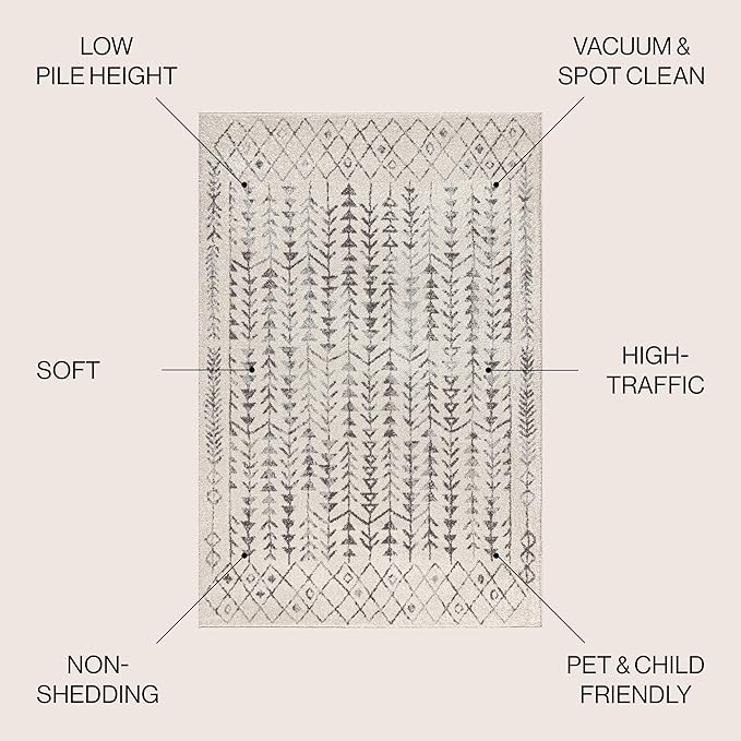 JONATHAN Y Ziri Moroccan Geometric Cream/Gray Indoor Area Rug, 8x10, Bohemian, Scandinavian, Easy-Cleaning for Living Room, Bedroom, Kitchen, Pet Friendly, Non-Shedding (MOH210A-8)