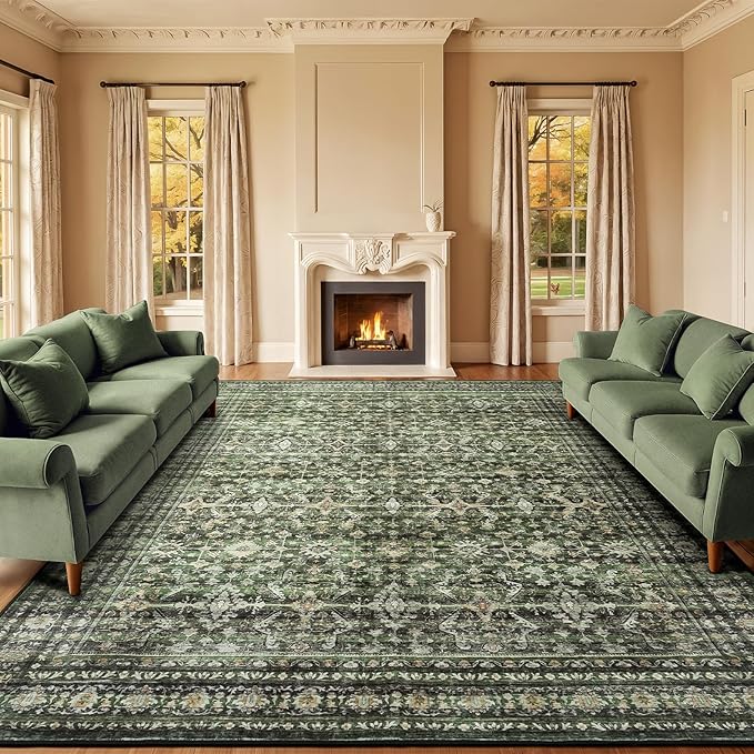 Lofus 9x12 Area Rug for Living Room,Green Washable Large Rugs with Non-Slip Backing,Soft Boho Carpets for Bedroom Dining Room Home Office Indoor Nursery