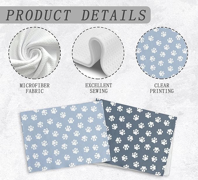 Dog Paw Hand Kitchen Dish Towels and Dishcloths Set of 2, Cute light Blue Hand Towels for Bathroom, Cool Gifts for Dog Lovers Women, 16×24 Inch