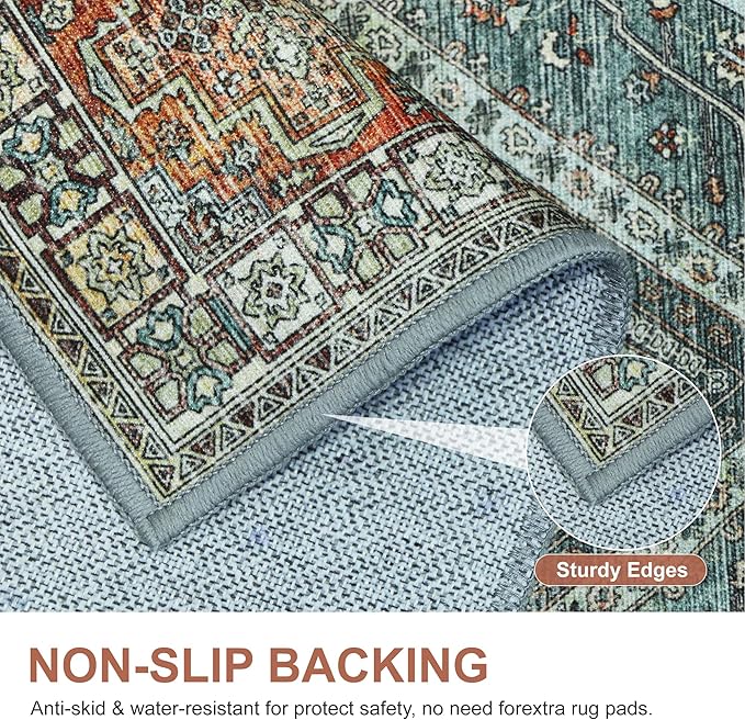 Bavni Kitchen Rug 2x5 Runner Rugs for Hallways Entryway, Washable Vintage Print Carpet, Ultra-Thin Chenille Low Pile Lightweight Rug with Non Slip Backing, Light Red/Blue