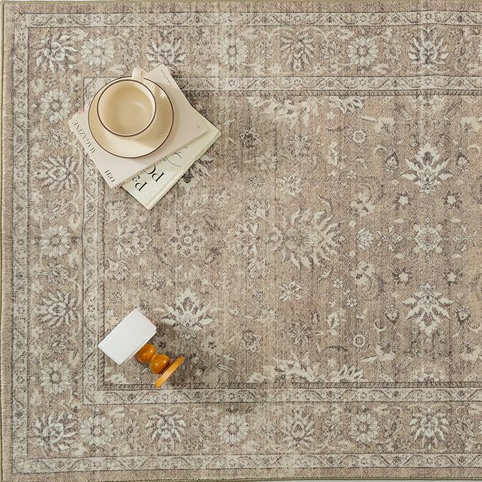 6x9 Area Rug Brown Washable Vintage Carpet Living Room Bedroom Large Non Slip Stain Soft Resistant Low Pile Thin Boho Accent Indoor Throw Rug for Dining Room Office