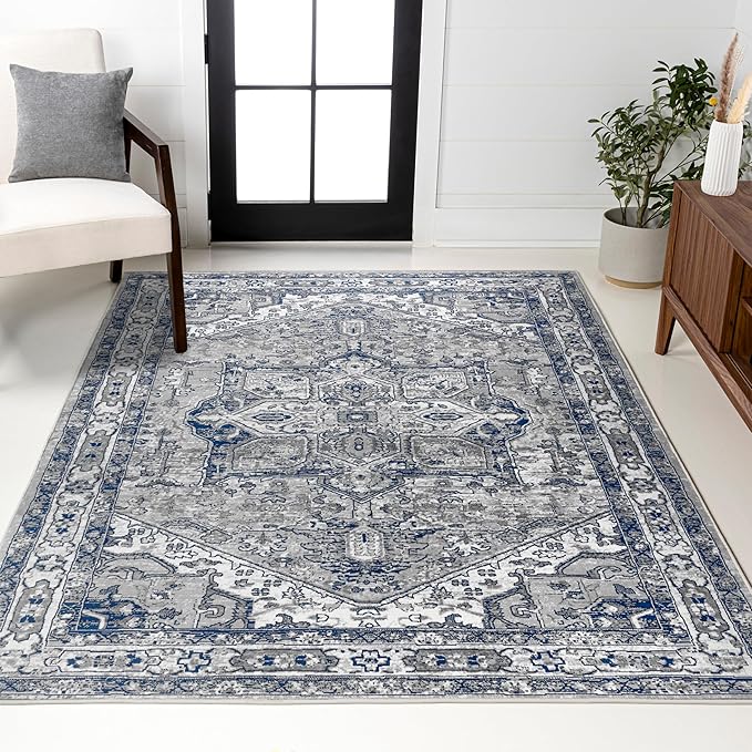 JONATHAN Y Modern Vintage Medallion Light Gray/Navy Indoor Area Rug, 5x8, Country, Floral, Easy-Cleaning for Living Room, Bedroom, Kitchen, Pet Friendly, Non-Shedding (MDP106B-5)