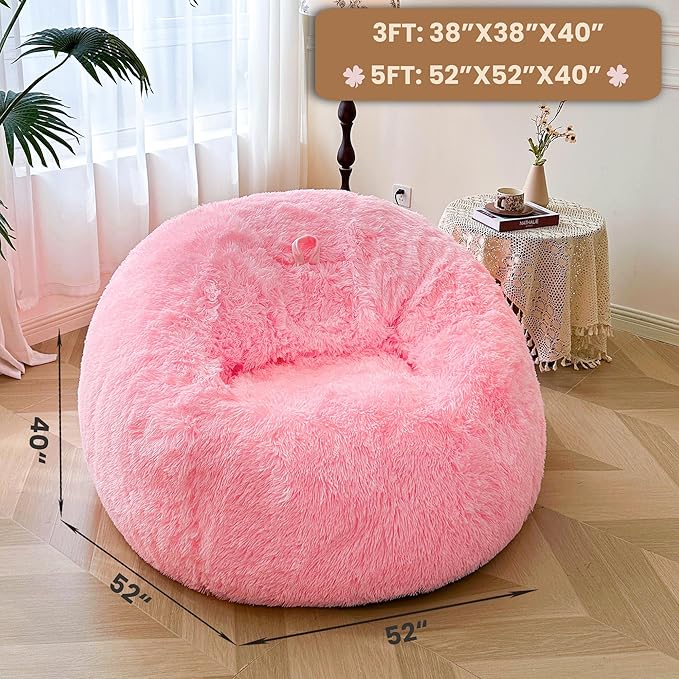 MEGO 5FT Fluffy Faux Fur Giant Bean Bag Chair Cover (No Filler), Soft Comfy Stuffed Animal Storage Cover for Adults Kids, Lazy Sofa Bed Beanbag Cover for Living Room Bedroom Decor, Anti-Slip, Pink